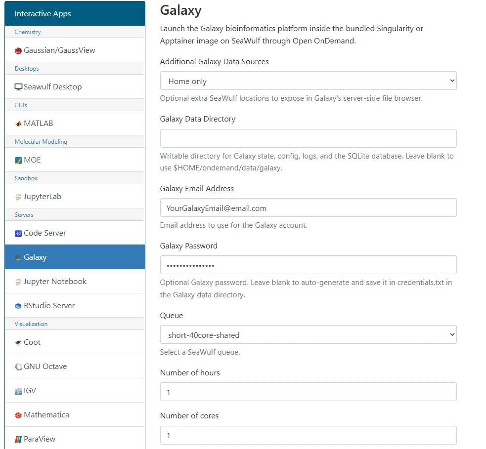 SeaWulf Galaxy OnDemand app launch interface
