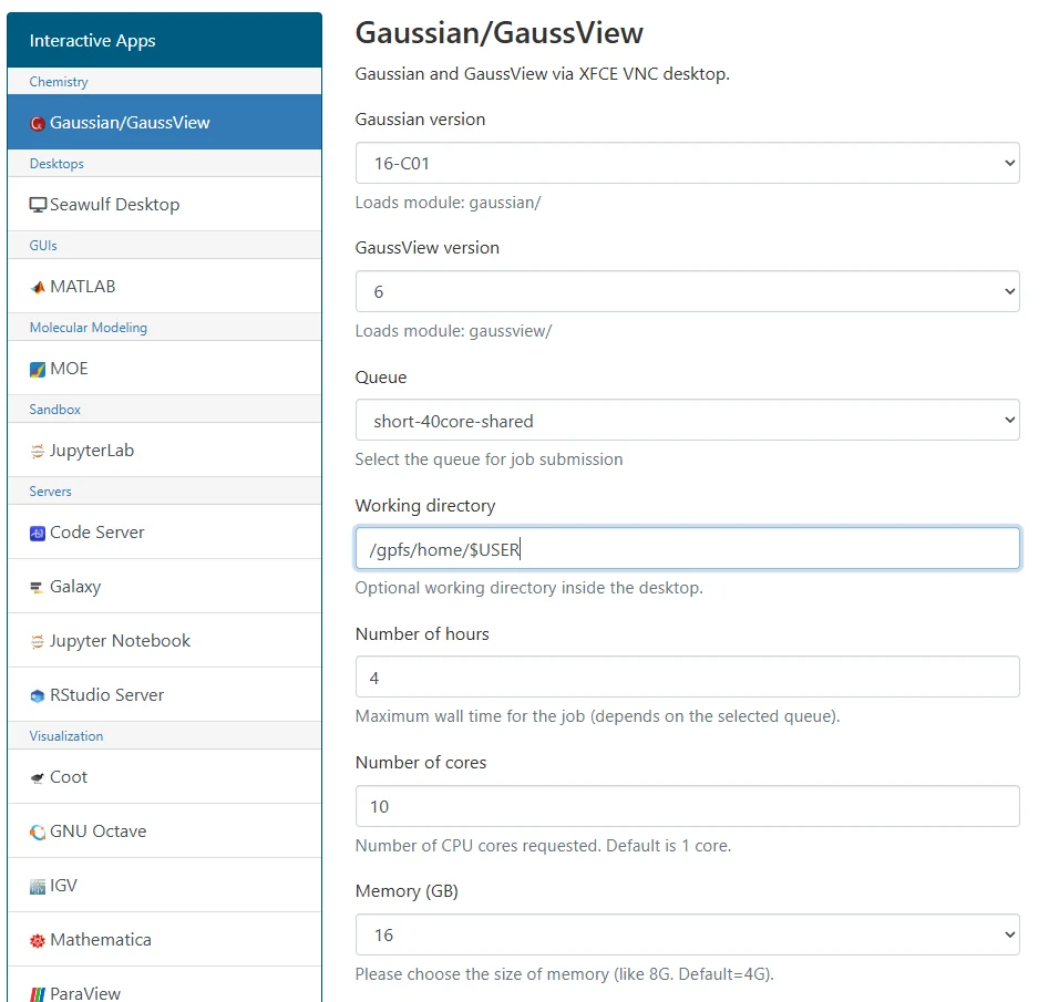 SeaWulf Gaussian/GaussView Open OnDemand launch interface