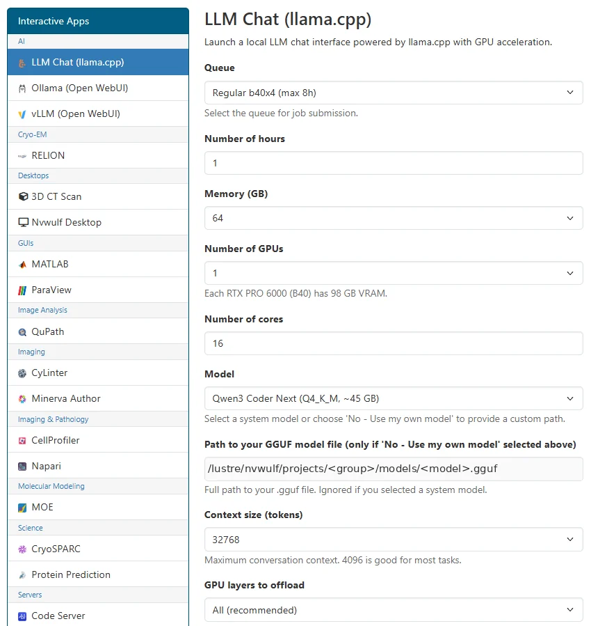 NVwulf LLM Chat (llama.cpp) Open OnDemand launch interface