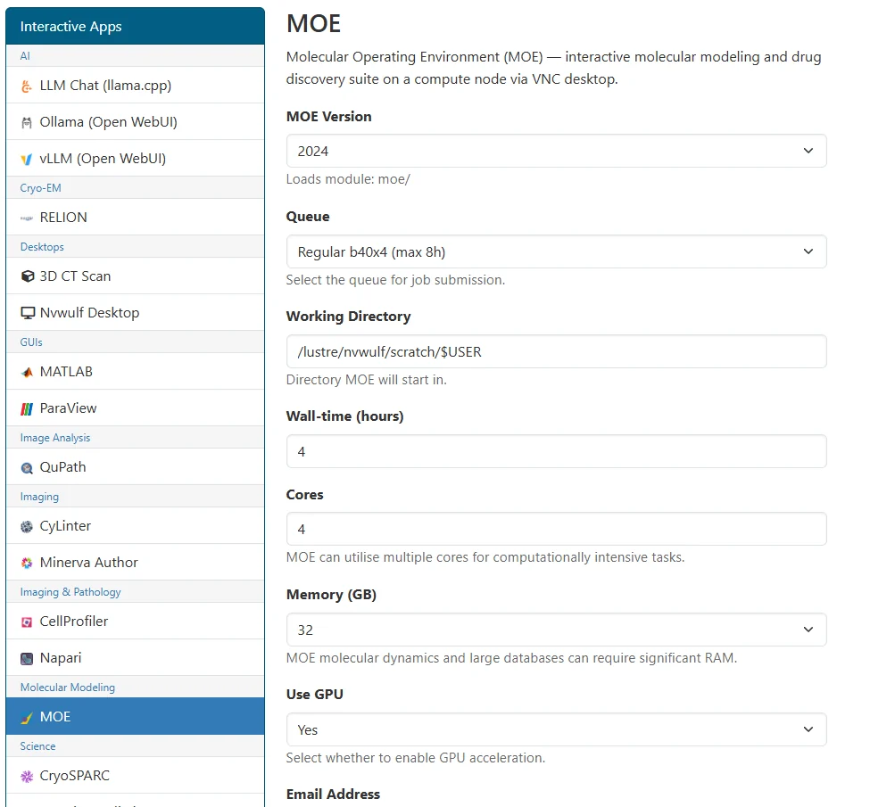 NVwulf MOE Open OnDemand launch interface