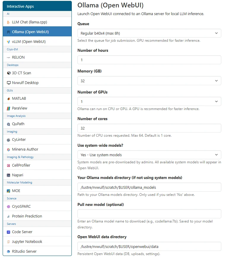 NVwulf Ollama (Open WebUI) Open OnDemand launch interface