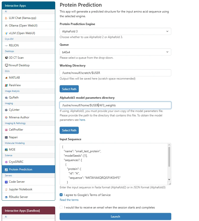 NVwulf Protein Prediction Open OnDemand launch interface