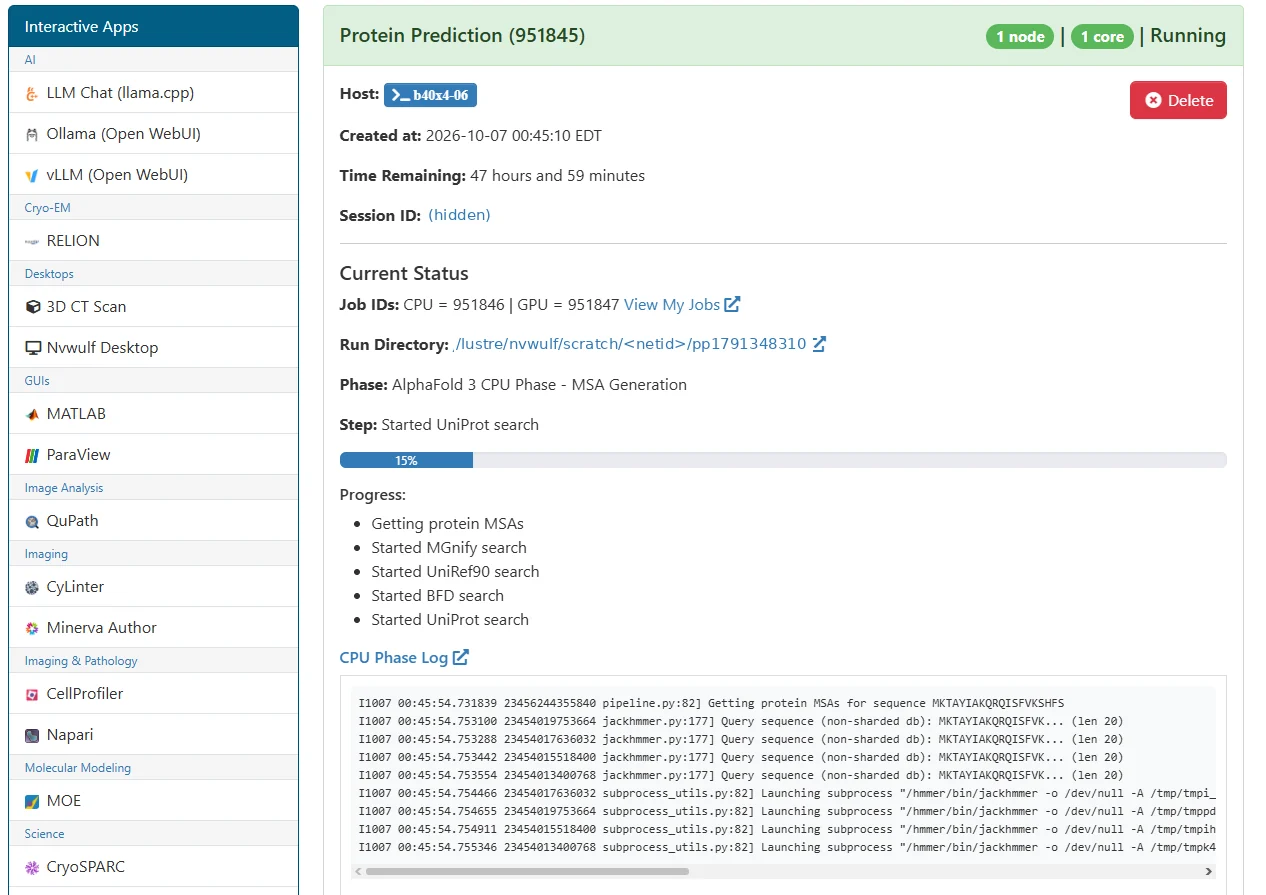 Running NVwulf Protein Prediction session showing AlphaFold workflow progress