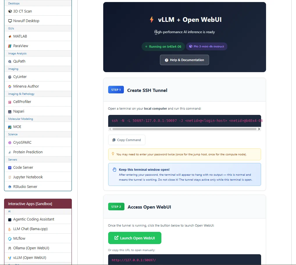 Running NVwulf vLLM + Open WebUI session