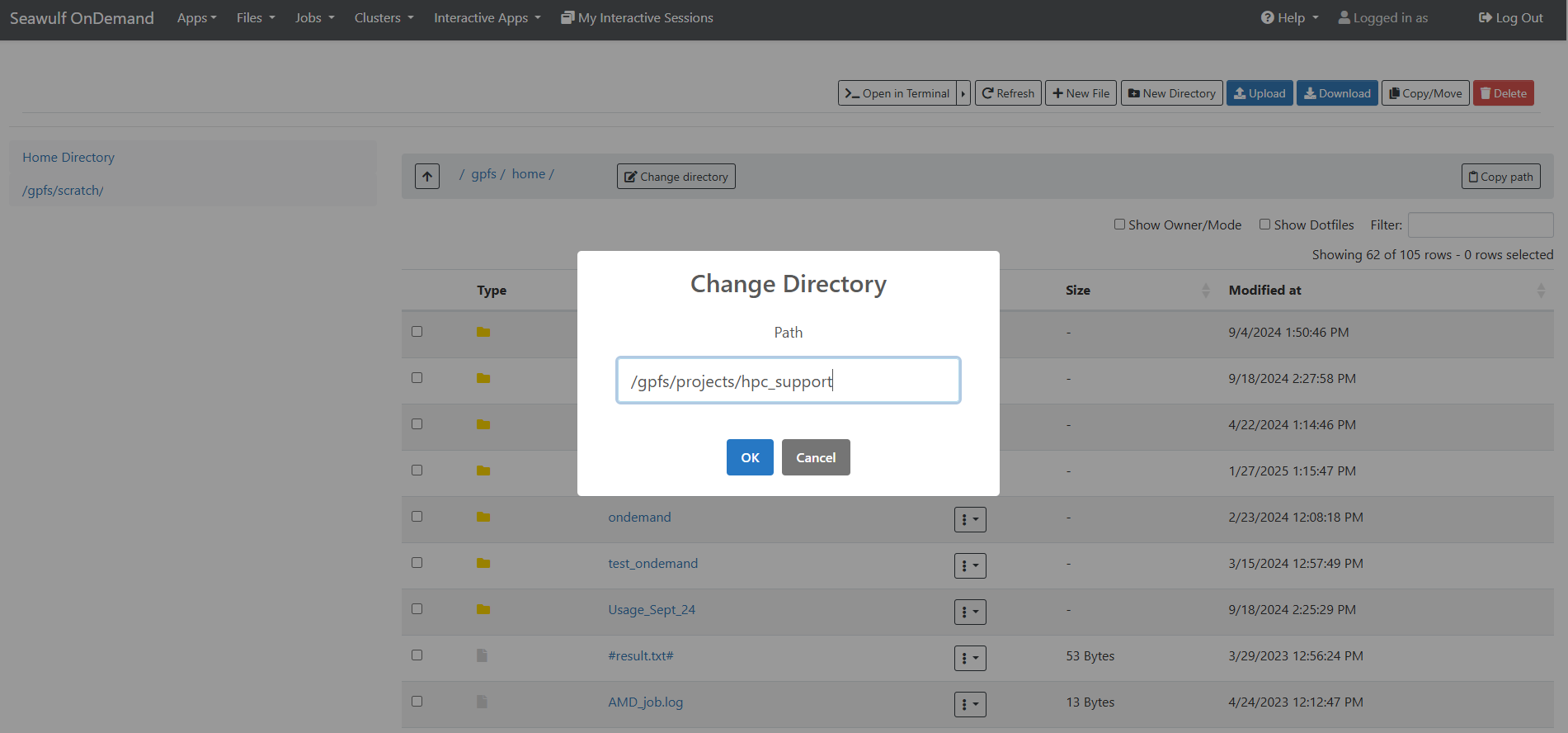 SeaWulf Open OnDemand Change directory