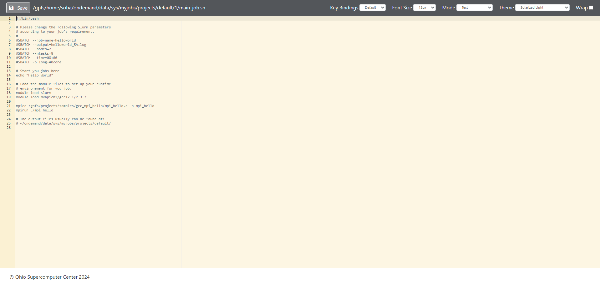 Text editor interface for modifying job scripts with editing tools and save functionality