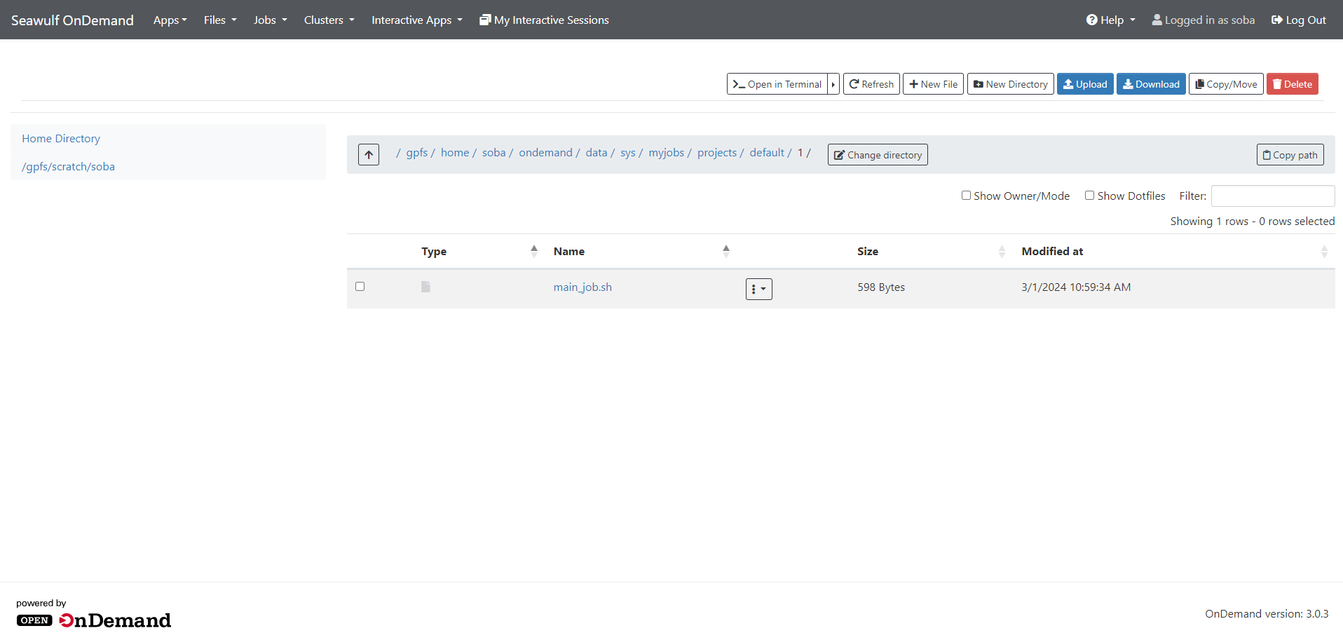 Graphical file manager for managing job directories, including navigation and upload/download