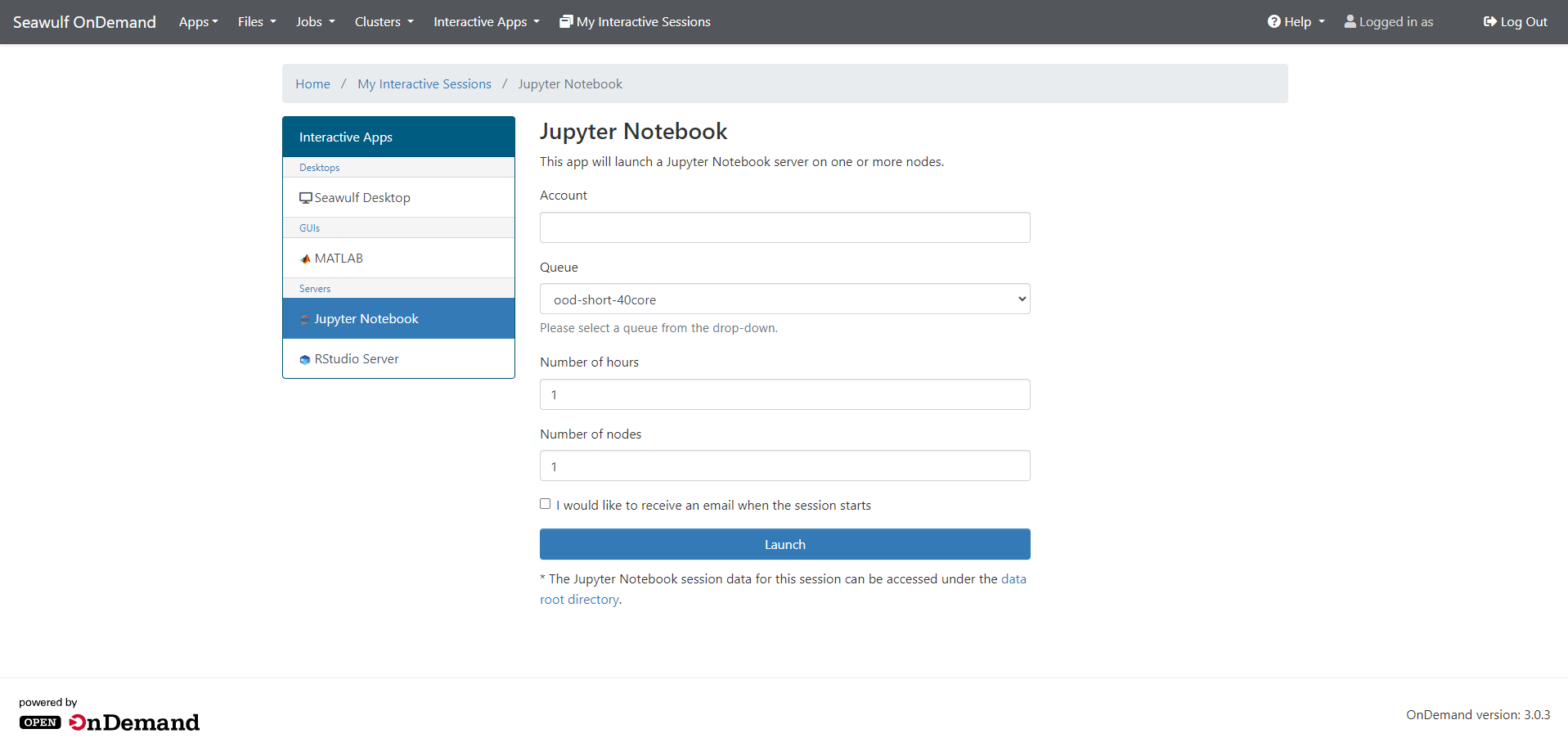 Jupyter settings configuration page showing queue, hours, cores, and memory options