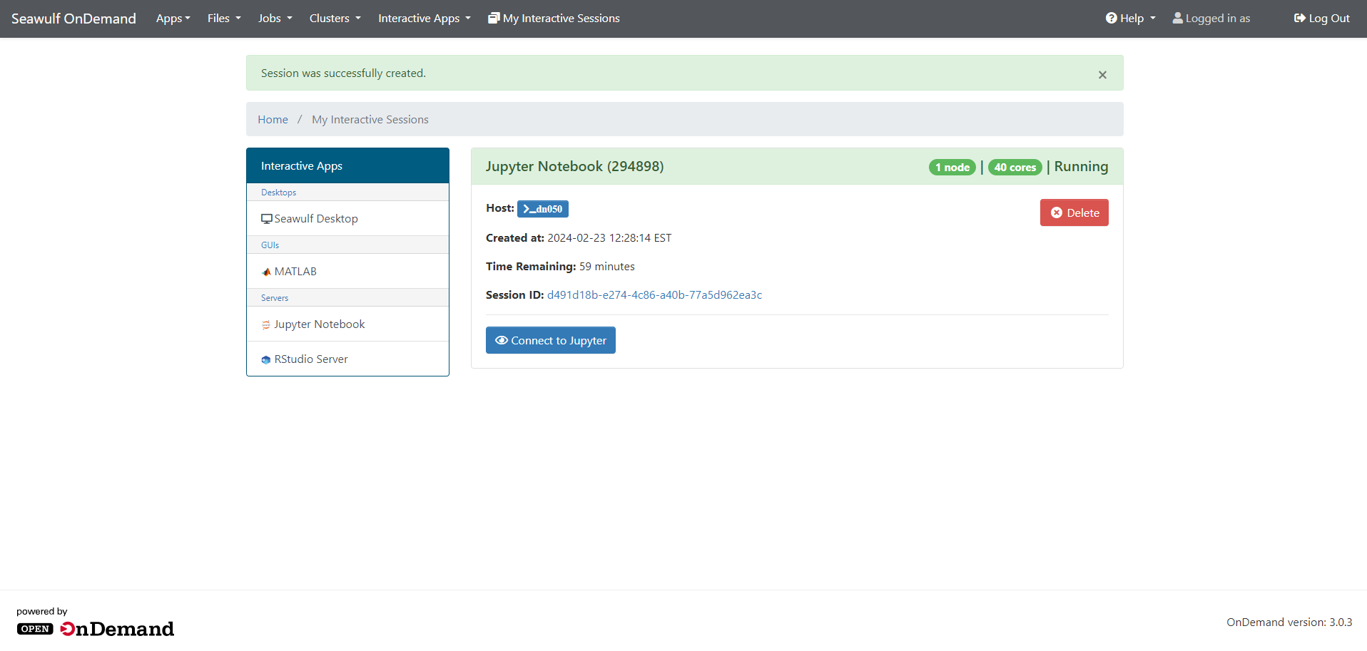 Jupyter session status display showing Queued/Starting/Running progression with Connect to Jupyter button
