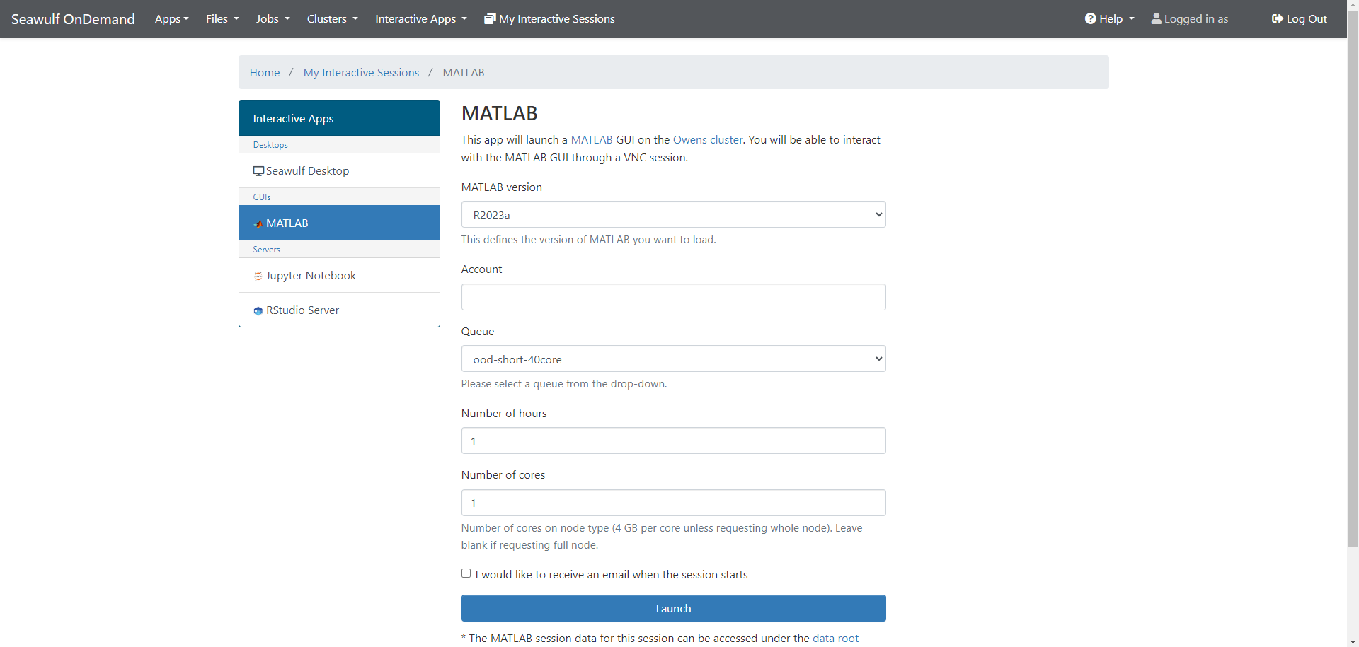 MATLAB settings page for selecting MATLAB version, queue, time limit, cores, and nodes