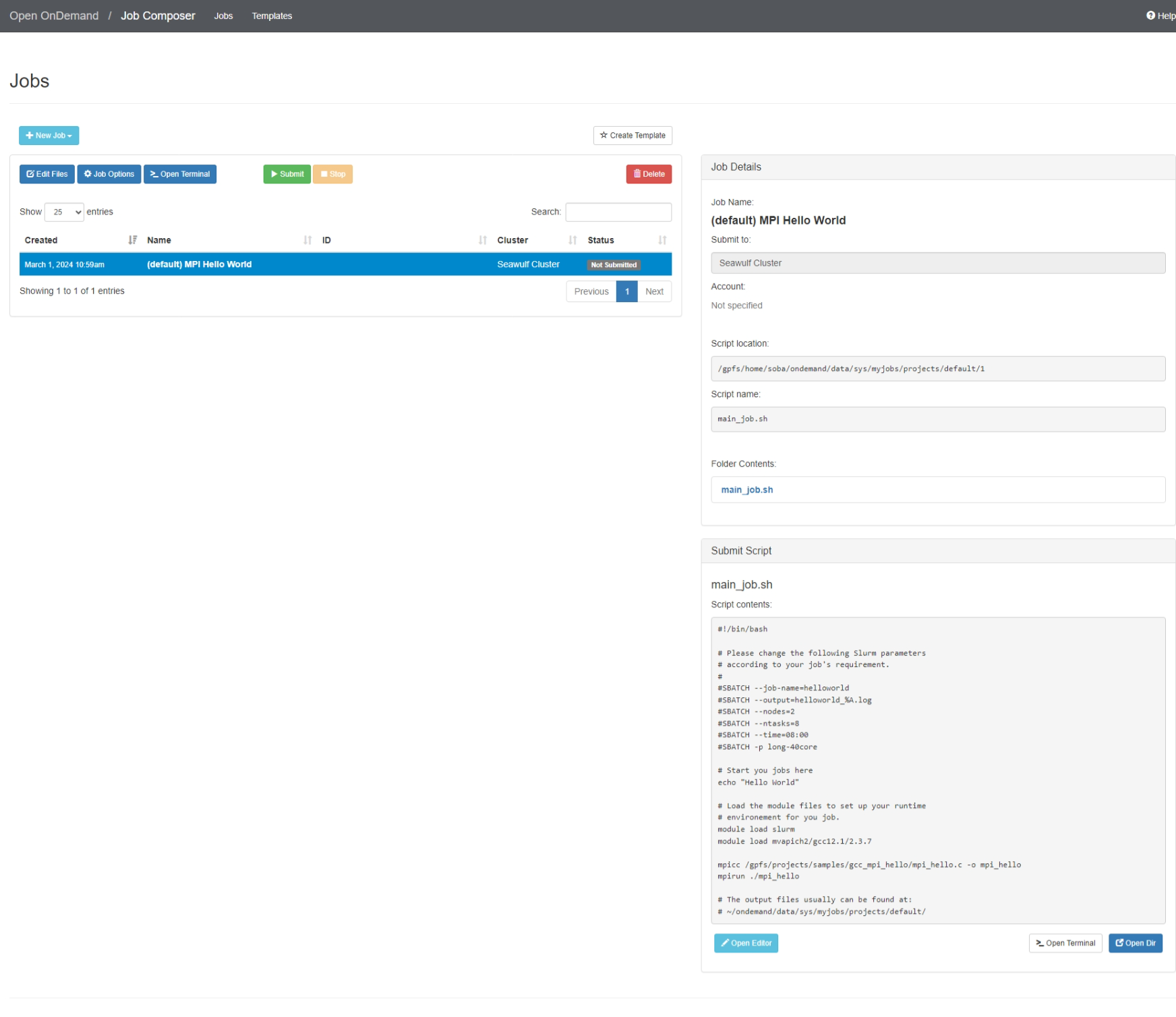 Job Composer interface showing options to create new jobs From Specified Path or From Default Template