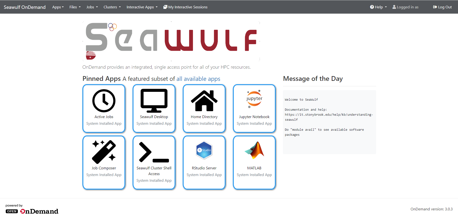 Open OnDemand dashboard with pinned application icons