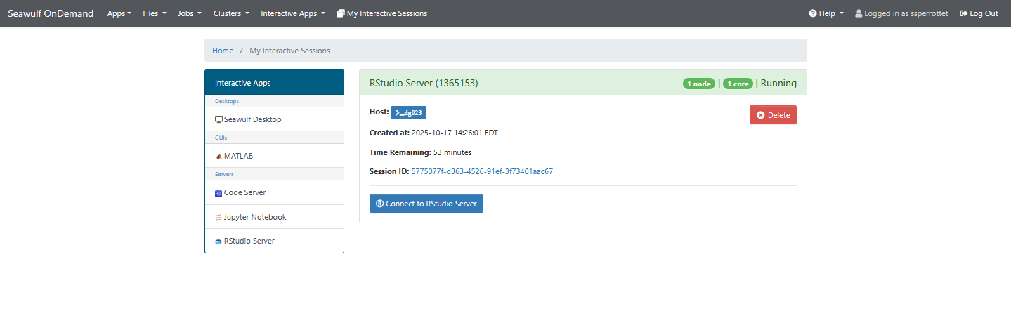 RStudio session status page showing status progression and Connect to RStudio button
