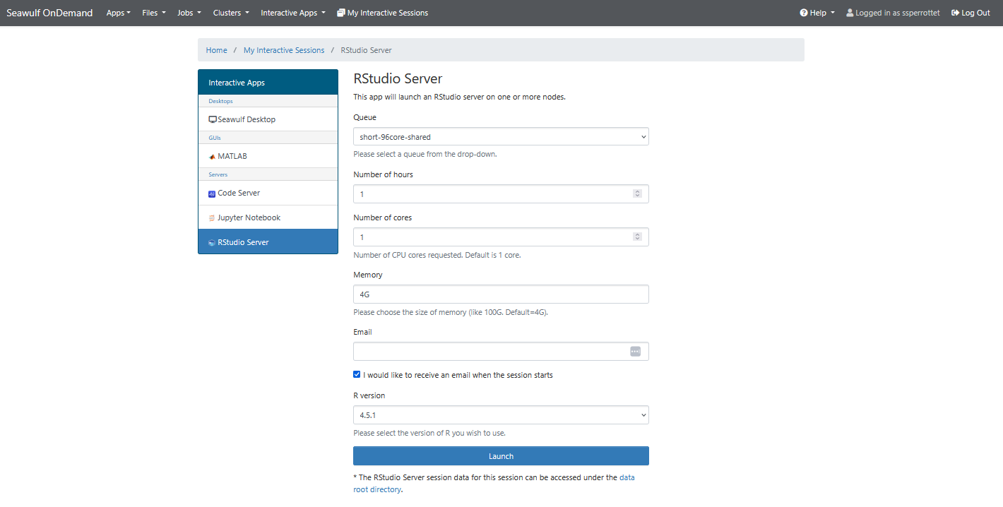RStudio settings page in Open OnDemand with options for queue, cores, time limit, memory, R version, and email notifications