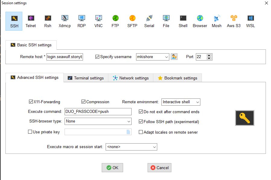 MobaXTerm session settings showing SSH-browser type set to NONE for the DUO_PASSCODE environment variable, to prevent repeated authentication prompts