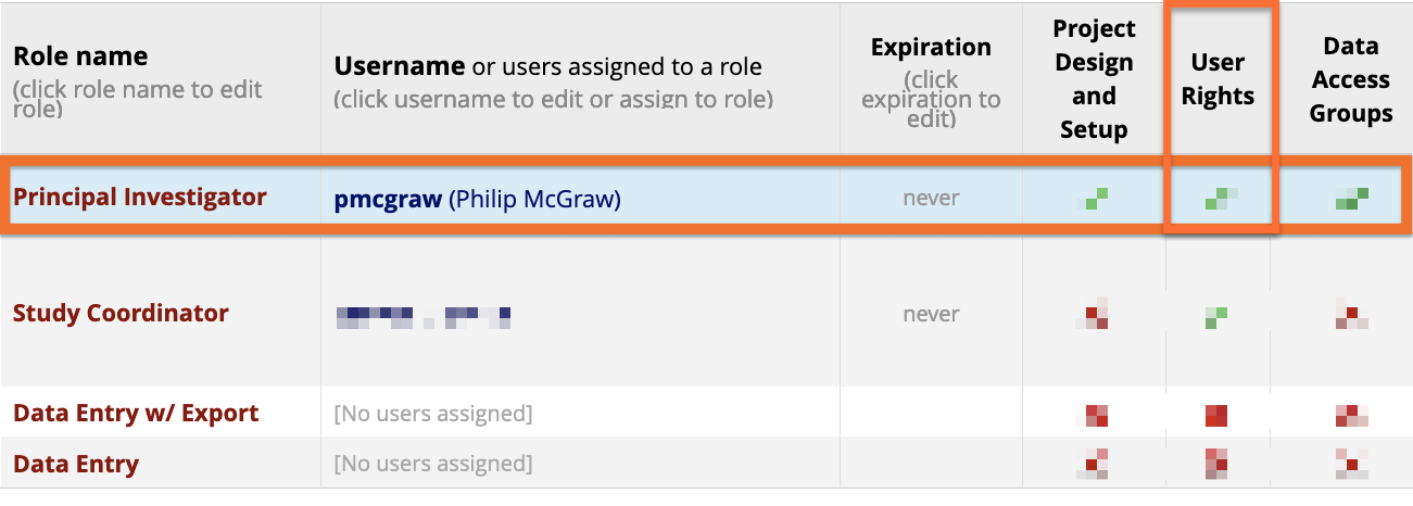 Screenshot showing study p.i. in user rights grid w/ User rights permissions