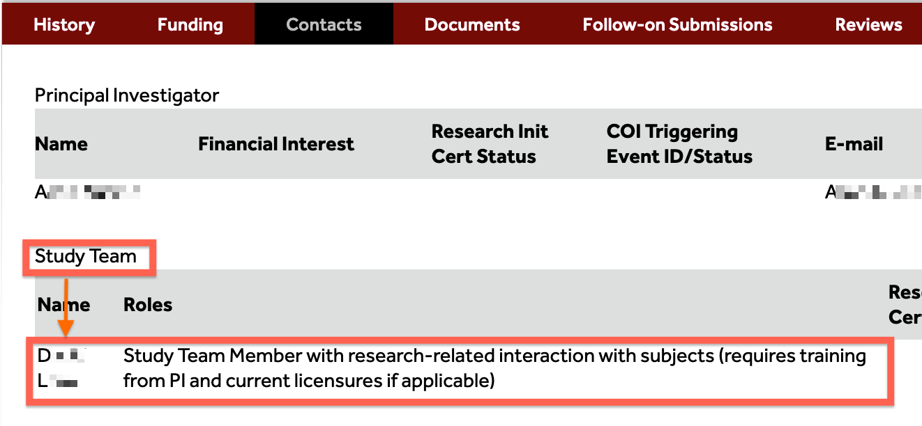 screenshot showing Contacts in irb myresearch