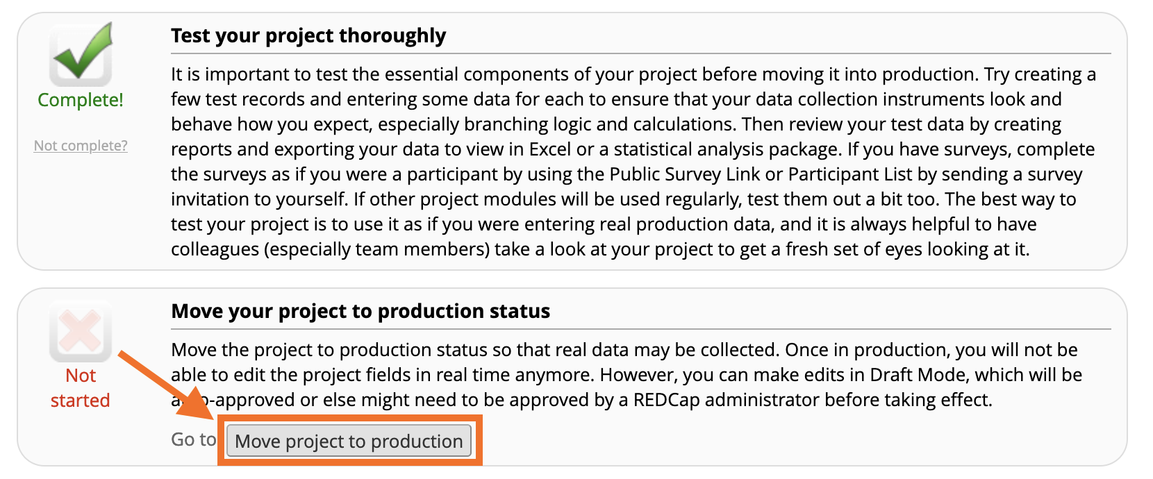 screenshot showing move to production button at the bottom of the project setup page