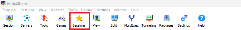 MobaXterm toolbar with the Sessions button, a star icon, highlighted