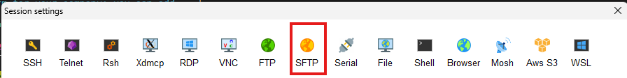 Session settings window with the SFTP session type highlighted