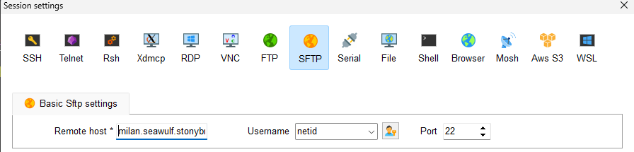 Basic Sftp settings filled in: Remote host milan.seawulf.stonybrook.edu, Username netid, Port 22