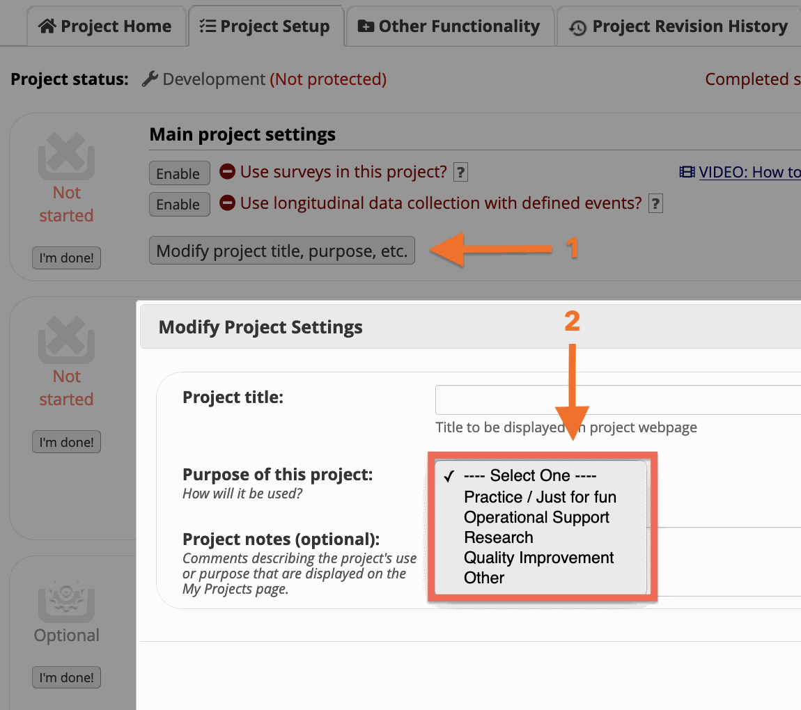 REDCap Project Setup page: the Modify project title, purpose, etc. button (1) opens Modify Project Settings, where the Purpose of this project menu (2) lists Practice / Just for fun, Operational Support, Research, Quality Improvement and Other