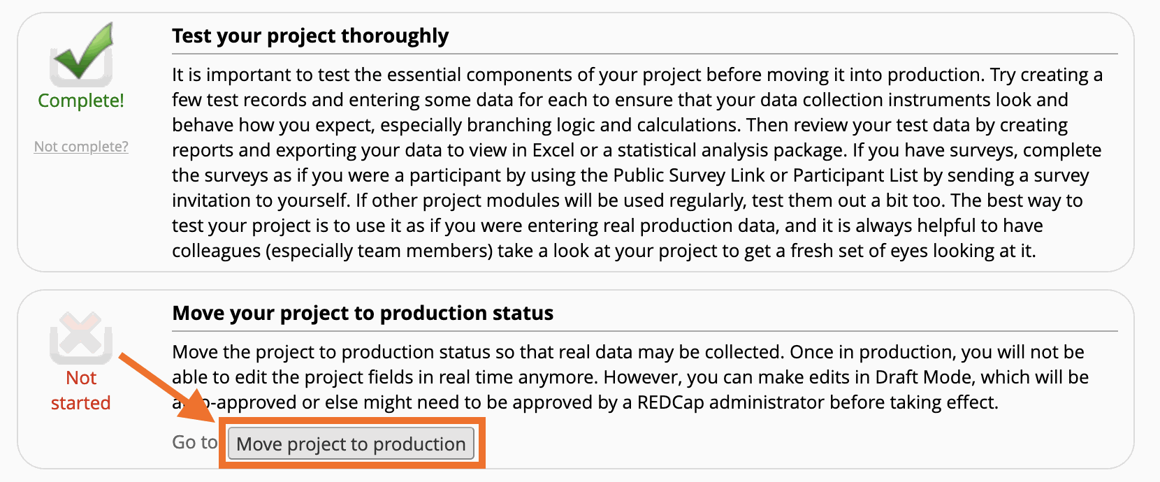 The Move project to production button at the bottom of the Project Setup page