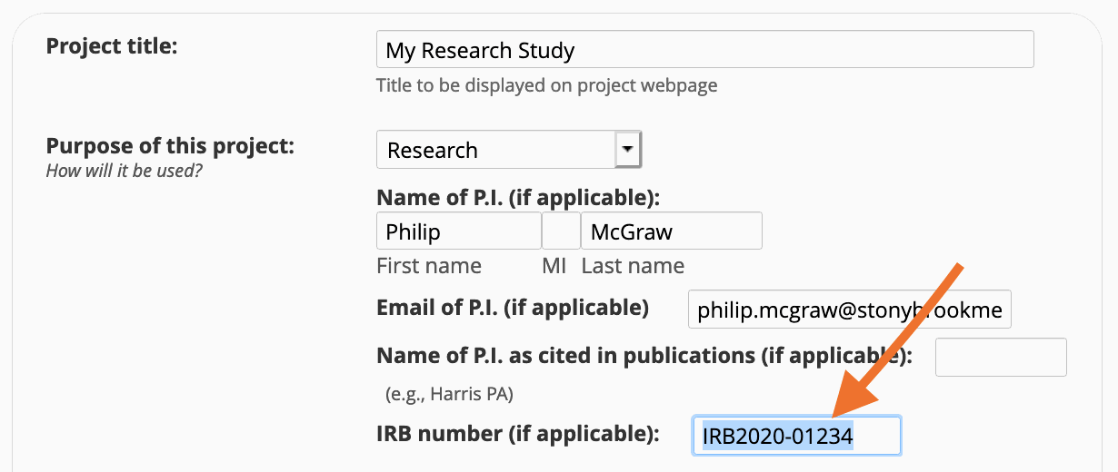 Modify Project Settings with Purpose set to Research, the P.I. name and email filled in, and an arrow pointing to the IRB number field