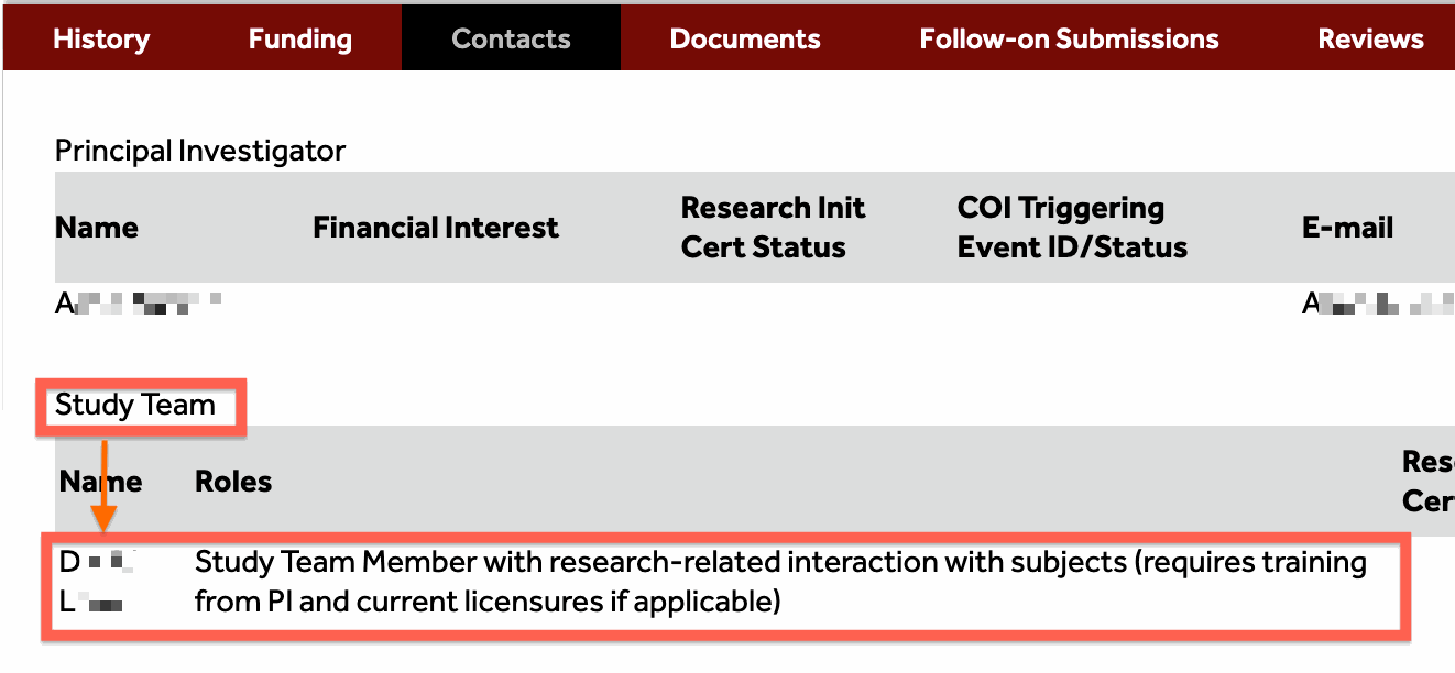 The Contacts tab of the study record in the IRB system, listing the study team