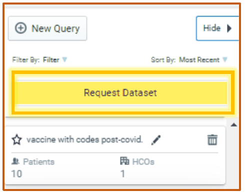 The query list in a study with the Request Dataset button highlighted.
