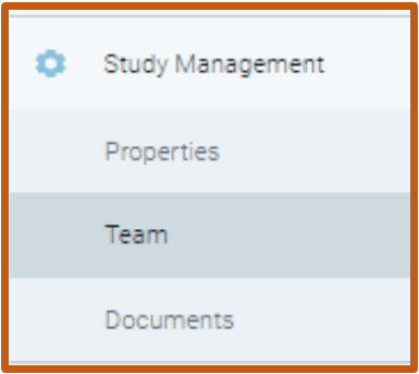The Study Management menu: Properties, Team and Documents, with Team selected.