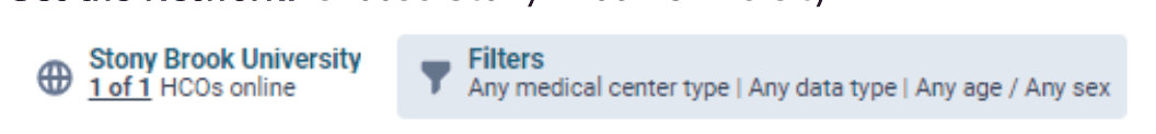 The network and filters bar: Stony Brook University, 1 of 1 HCOs online, and Filters set to any medical center type, data type, age and sex.