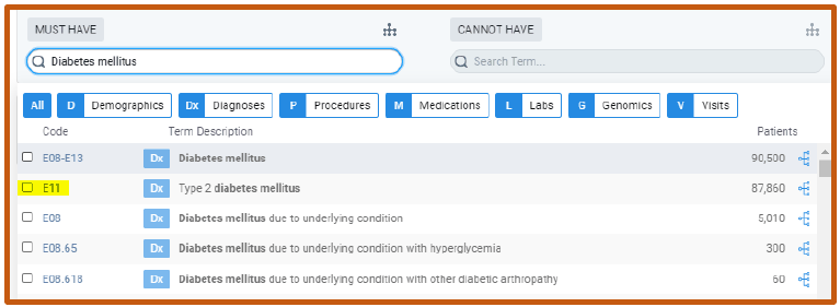 Searching "Diabetes mellitus" in the Must Have field, with E11 Type 2 diabetes mellitus highlighted in the results.