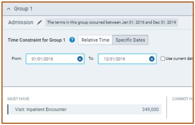 Group 1, Admission, with a time constraint using specific dates from 01/01/2016 to 12/31/2019 on the Visit: Inpatient Encounter term.
