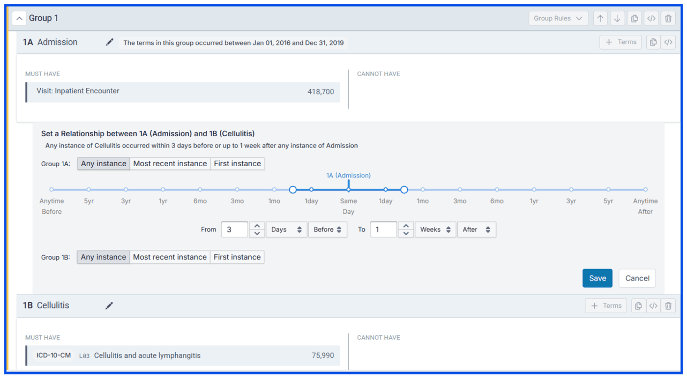 Group 1 with 1A Admission and 1B Cellulitis, and the relationship set so any instance of Cellulitis occurred within 3 days before or up to 1 week after any instance of Admission.