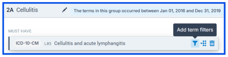 The 2A Cellulitis term with the funnel icon highlighted and the tooltip "Add term filters".