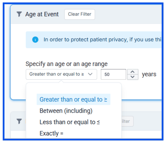 The Age at Event filter set to greater than or equal to 50 years.