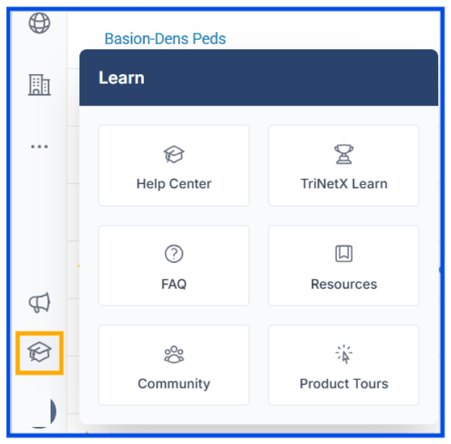 The Learn menu, opened from the graduation cap in the left menu. It offers Help Center, TriNetX Learn, FAQ, Resources, Community and Product Tours.