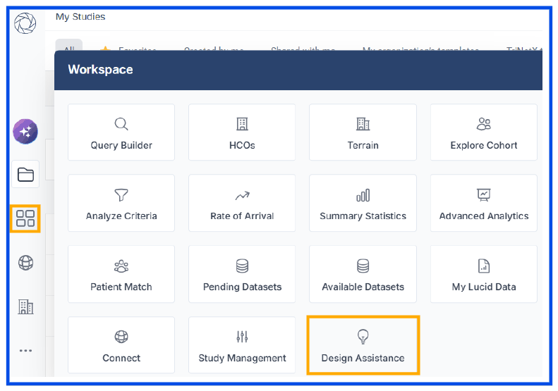 The study Workspace menu with Design Assistance highlighted.