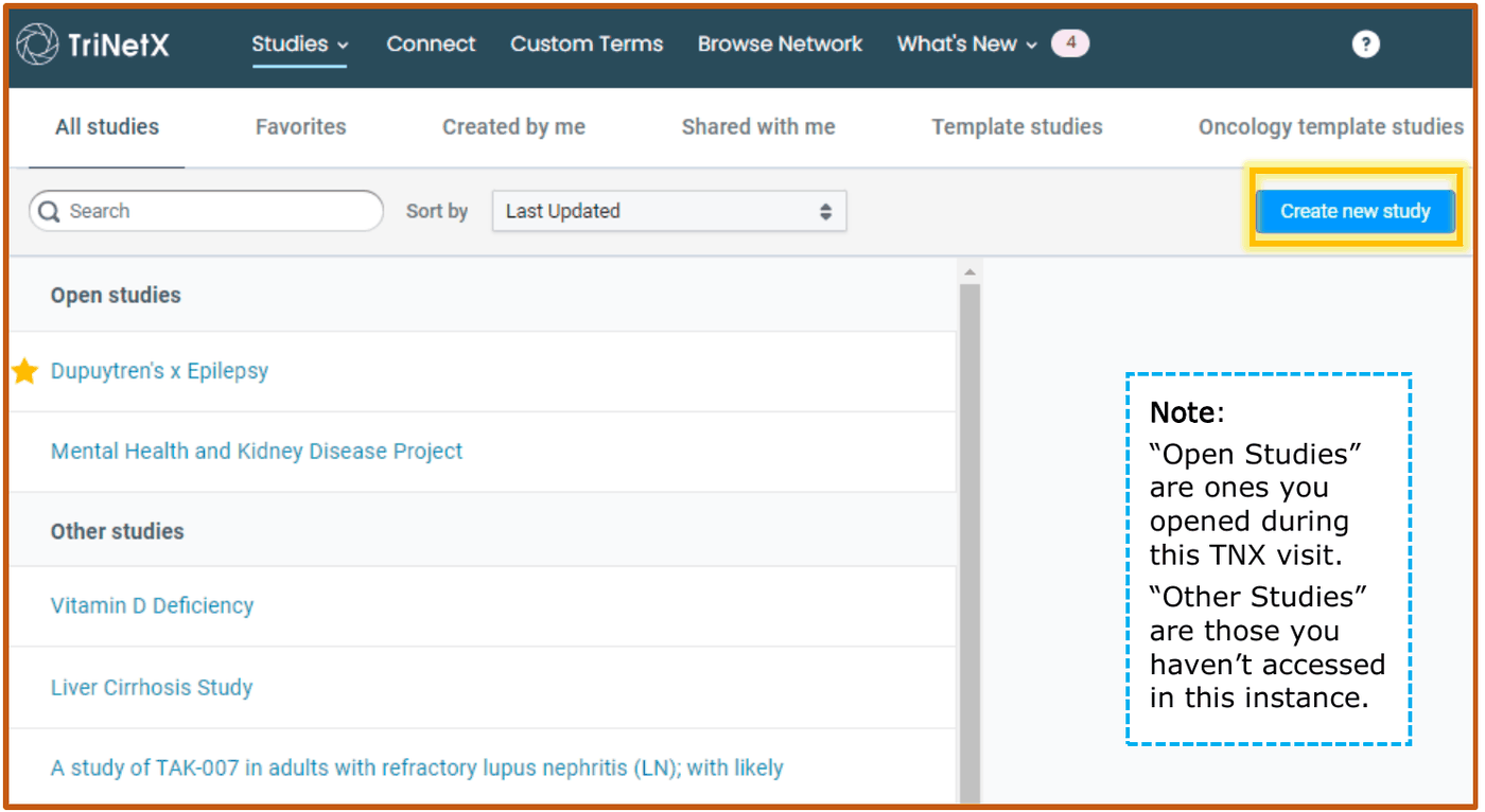 The Studies tab: tabs for All studies, Favorites, Created by me, Shared with me and templates, a search box, the Create new study button, and lists of open and other studies.