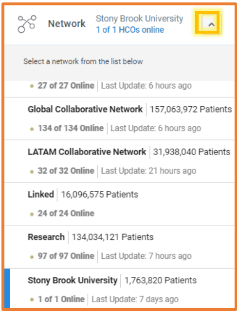 The network picker in Browse Network, listing networks with their patient counts. Stony Brook University is selected.