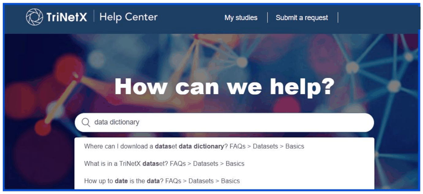 The TriNetX Help Center with "data dictionary" typed in the search box. The first result is "Where can I download a dataset data dictionary?"