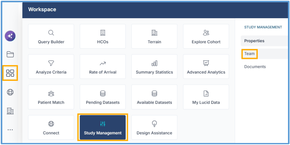 The TriNetX Workspace menu with Study Management highlighted, and Team highlighted in the Study Management list on the right.