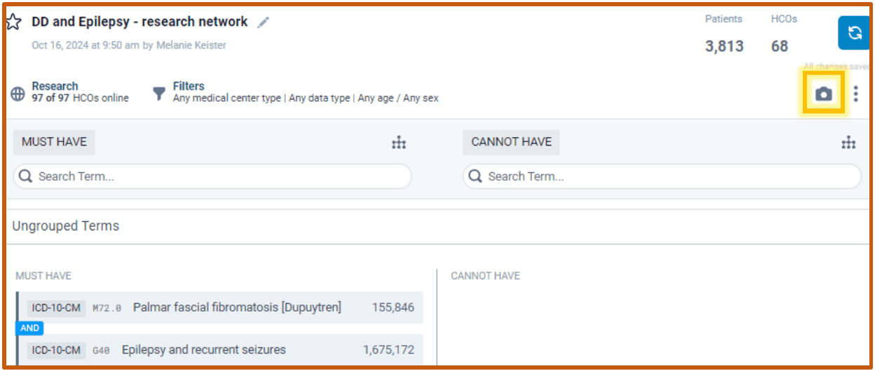 A query in the Query Builder, with the camera icon highlighted at the top right above the Must Have and Cannot Have columns.